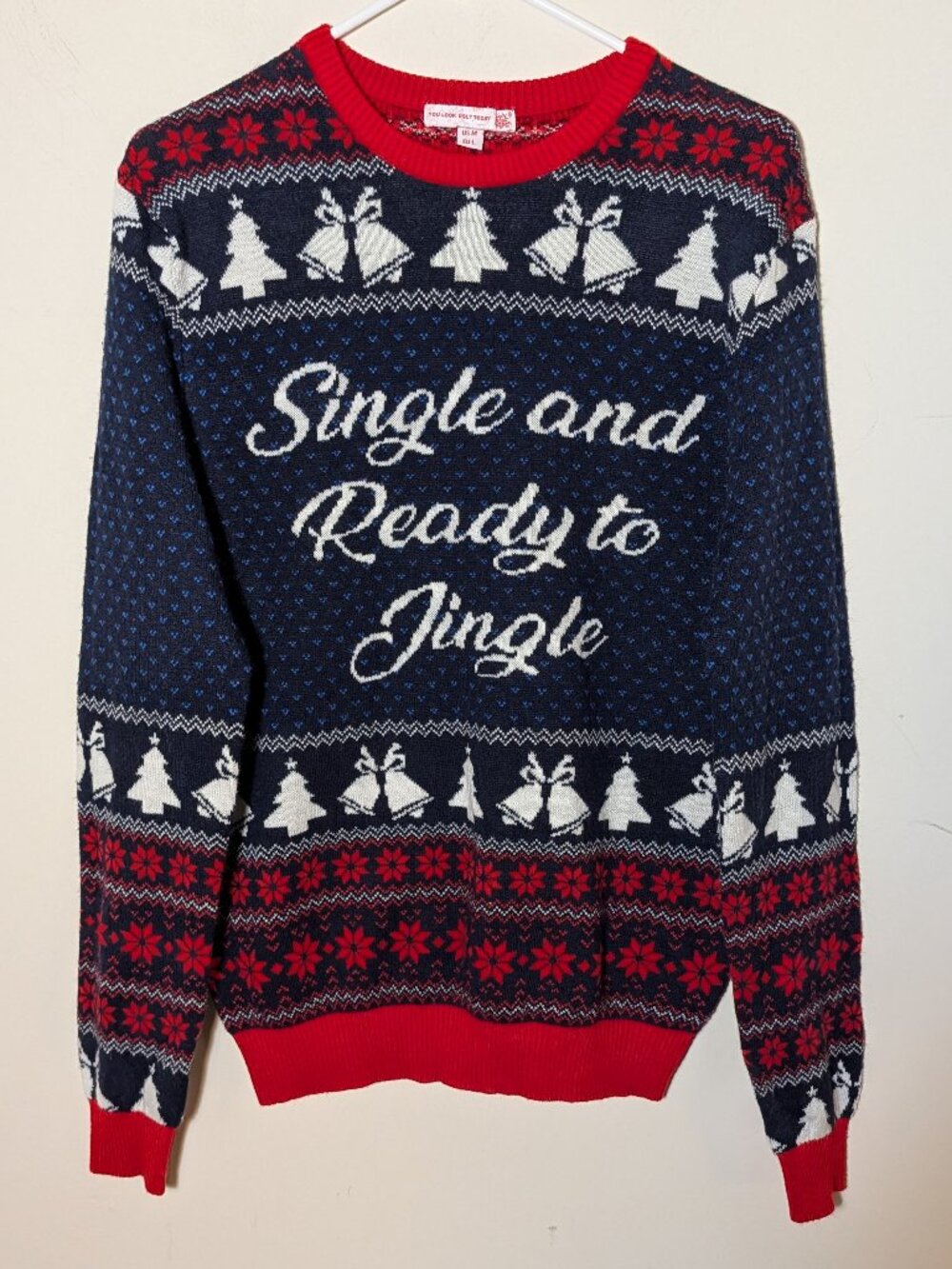 You Look Ugly Today Knit Holidays Sweater in Navy Blue and Red Sz M